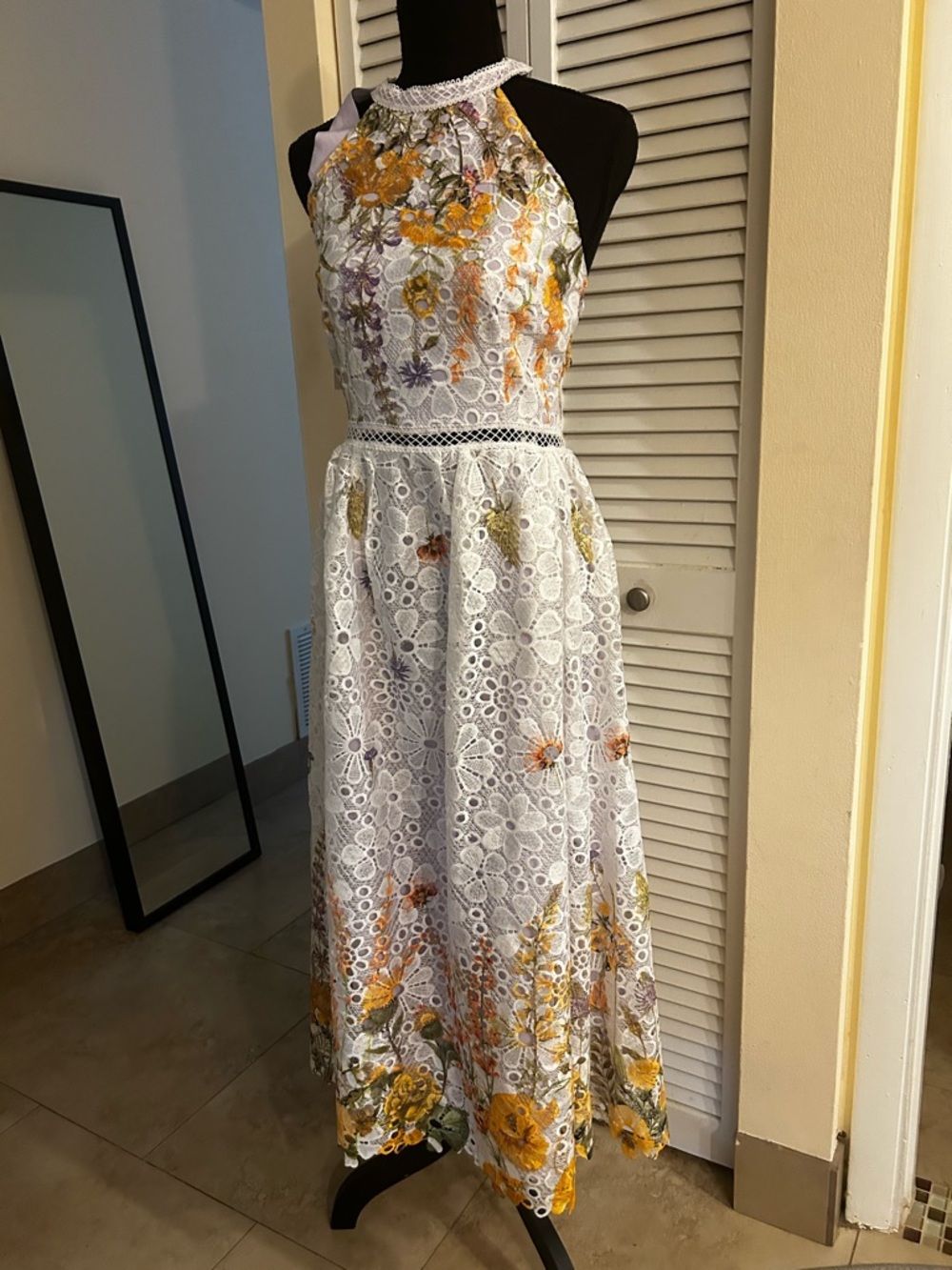 White Lace Floral Halter Midi Dress with Yellow & Purple Flowers - Picture 2 of 4